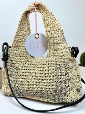 BTB Los Angeles Bardo Crystal Purse Mini Straw Shoulder Tote Raffia New